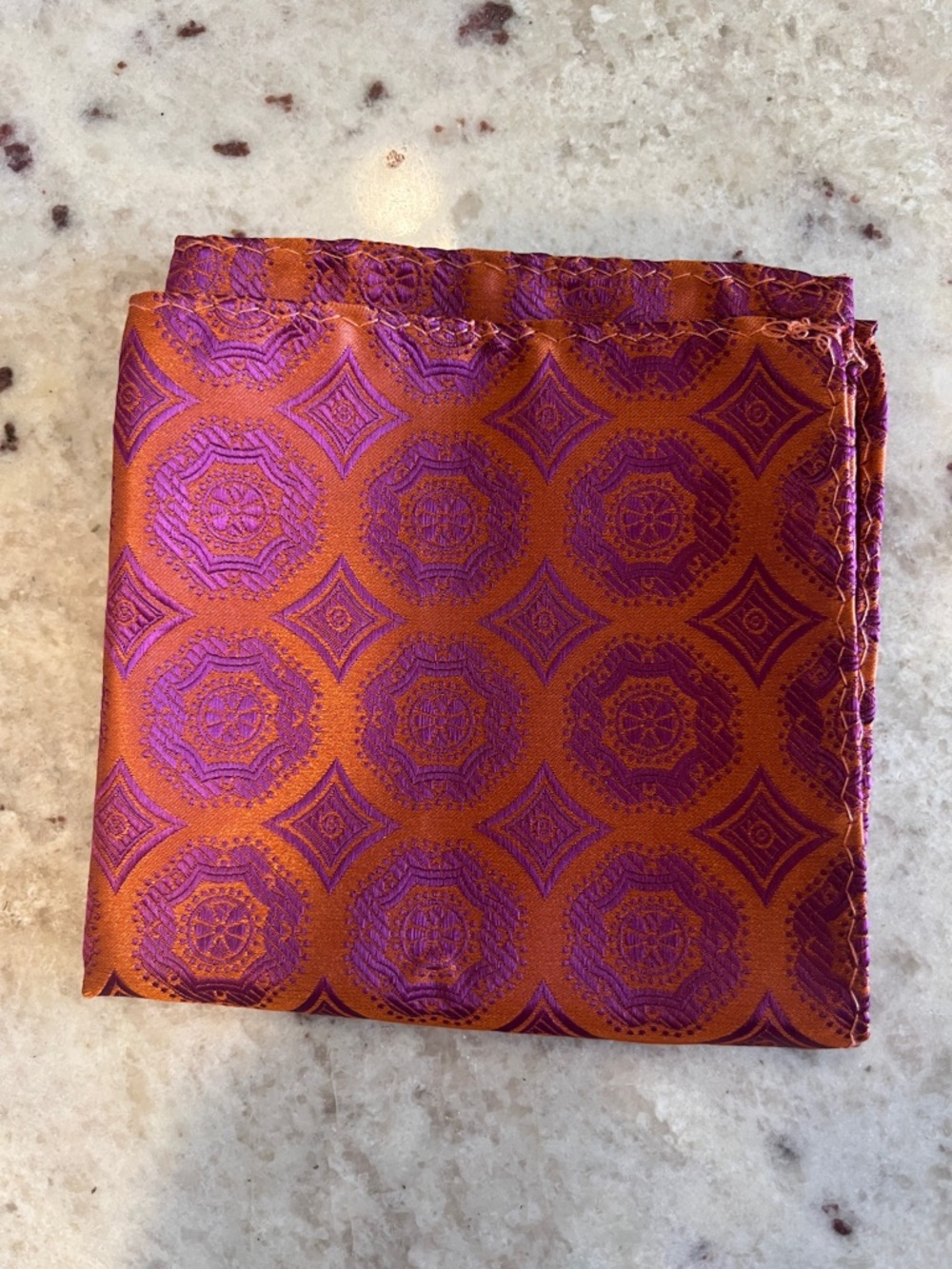 Silk Pocket Square in Orange and Purple Medallion Pattern